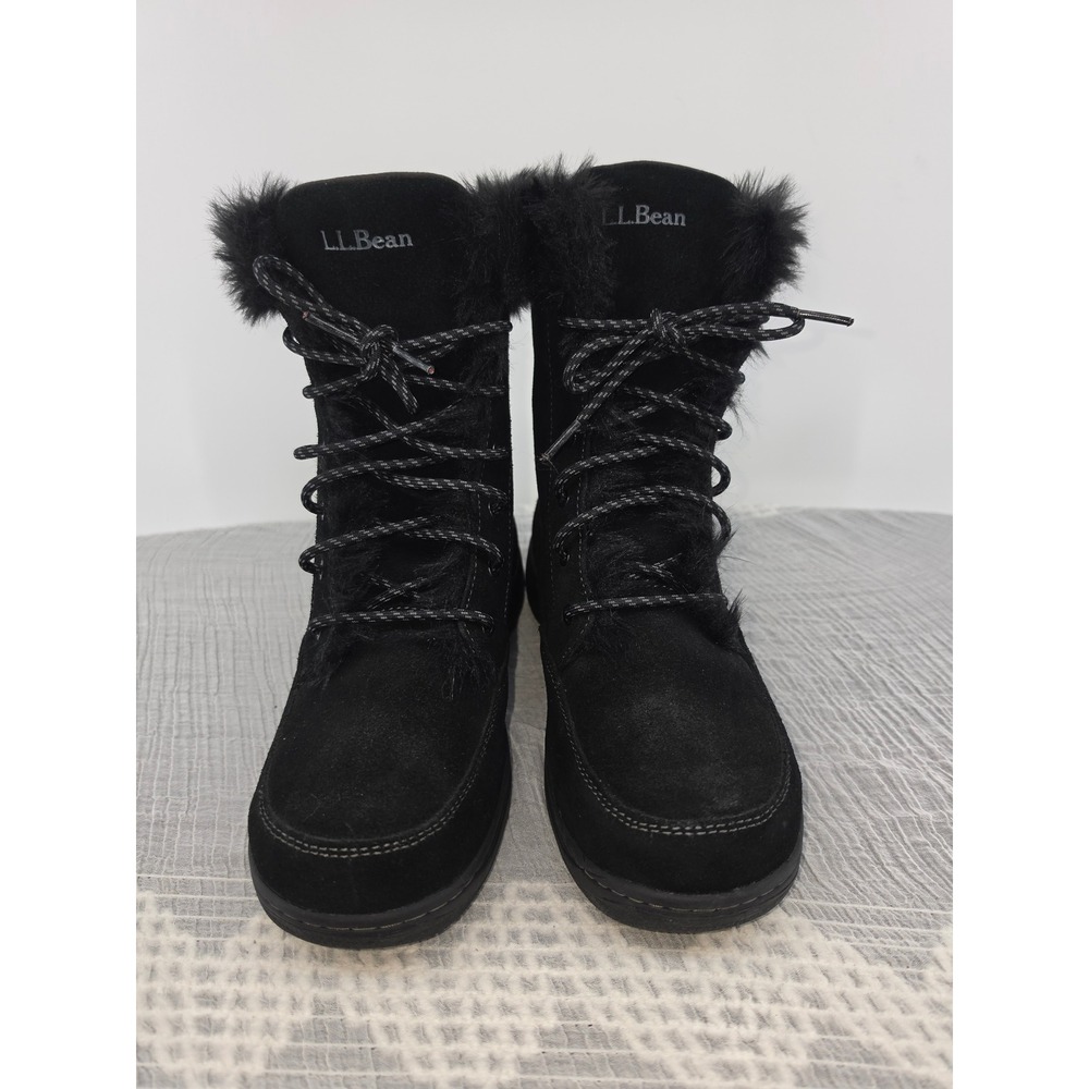 LL Bean Wildcat Boots Black Suede Faux Fur PrimaLoft Winter Snow Womens 8 Medium